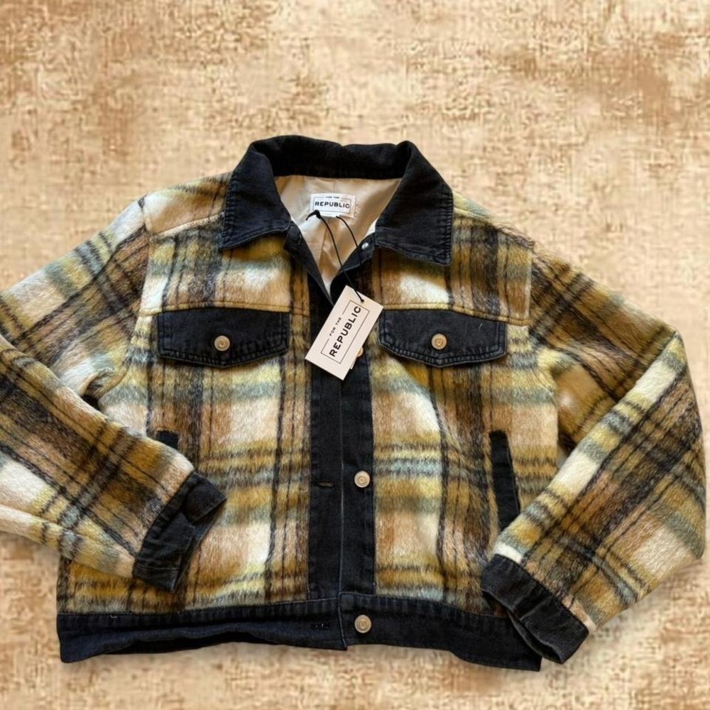 For The Republic Plaid Fuzzy Shacket Denim Trim Button Front Jacket Blue Green M